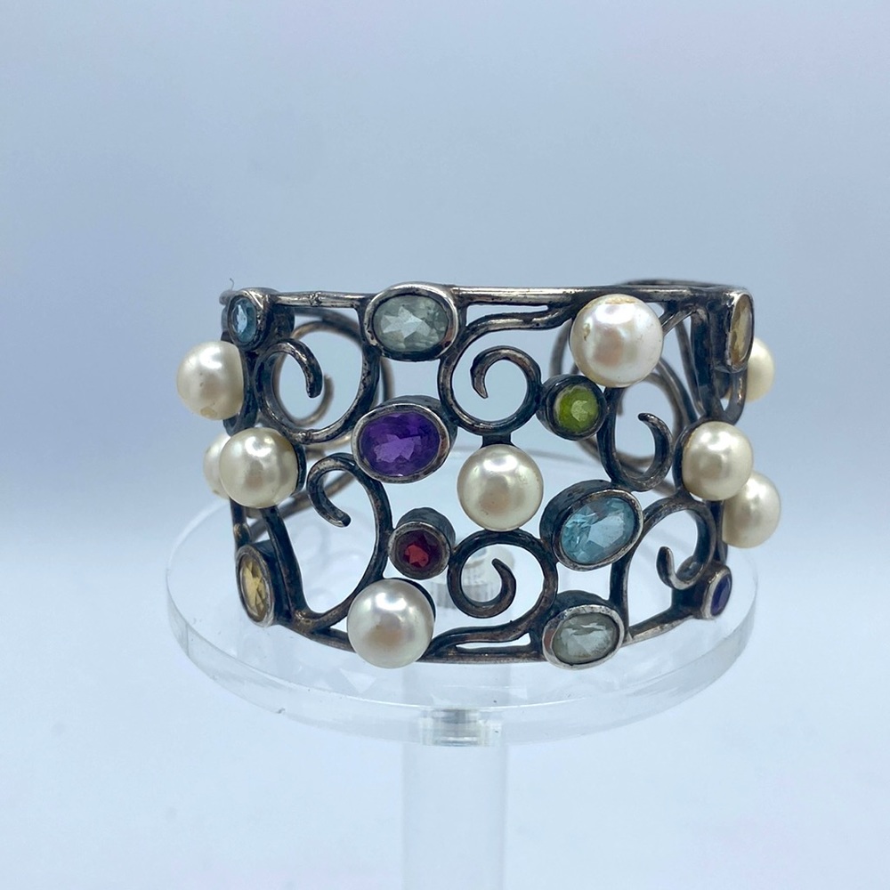 Sterling Silver Pearl Gemstone Huge Filigree Cuff Bracelet